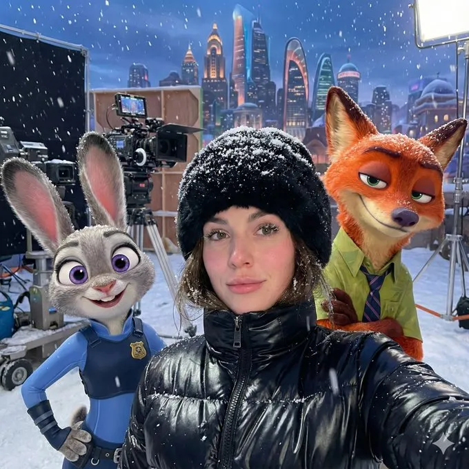 Banana prompt for selfie with movie characters on film set